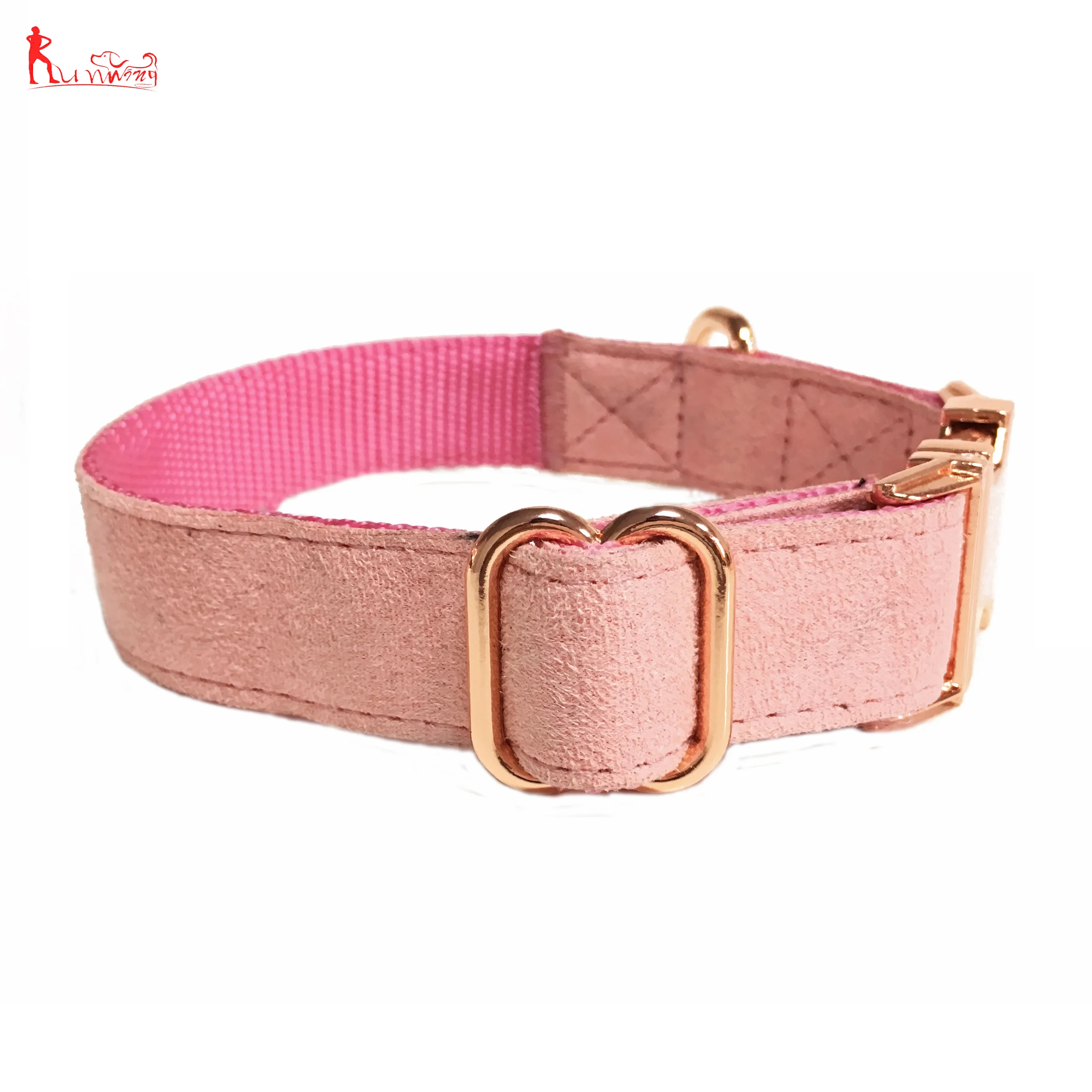 Premium Soft Velvet Pink Pet Dog Collar and Leash Set,Adjustable Collars with Rose Gold Metal Buckle D-ring