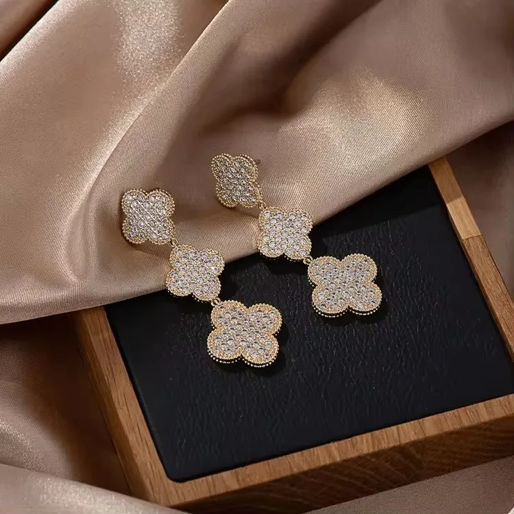 New Trendy Luxury Cubic Zirconia Rose Gold Plated Four Leaf Clover Drop Earrings For Wedding Bridal