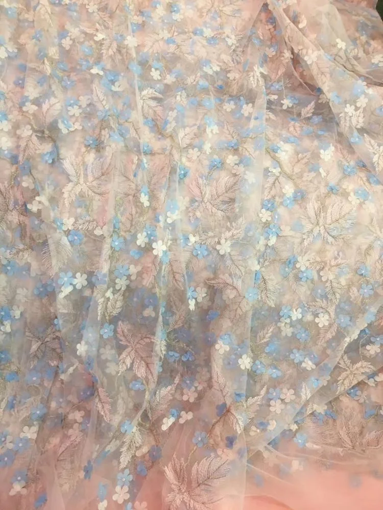 2021 Pink Color French Tulle Mesh Lace Fabric Embroidery 3D Flowers Applique Lace Fabric