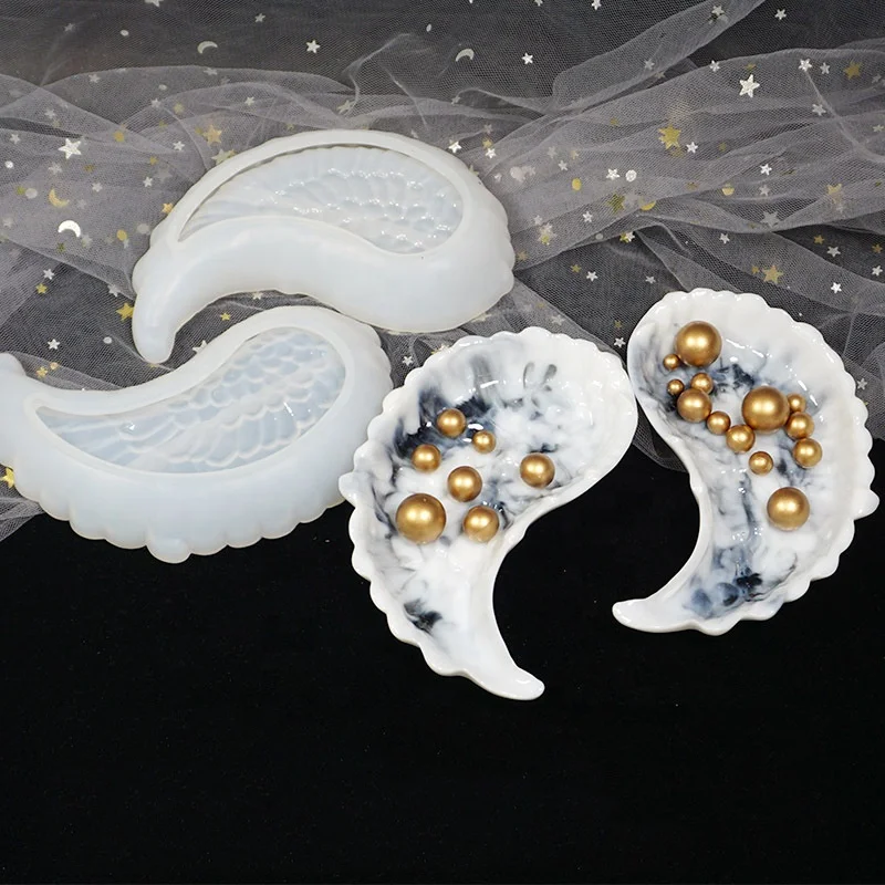 Large 2 Piece Shiny Feather Wings Plate Tray Silicone Mold
