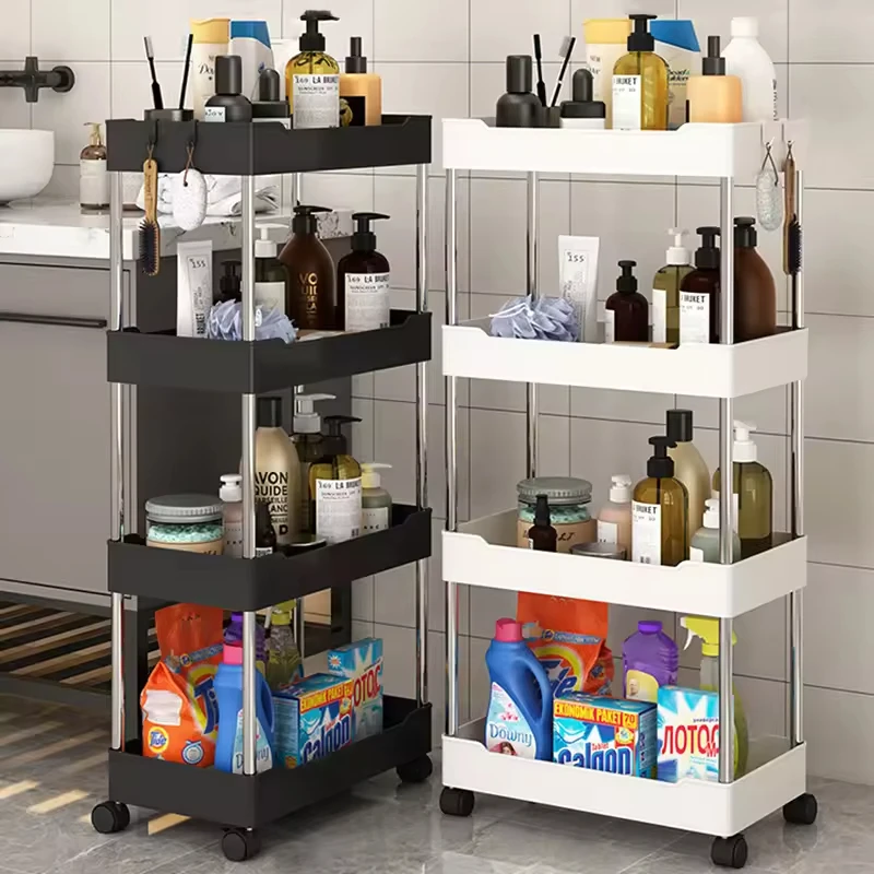 Multipurpose Bathroom Trolley Storage Shelves PP Plastic Rotatable Crack Shelf Kitchen Storage Trolley Rack With Wheels