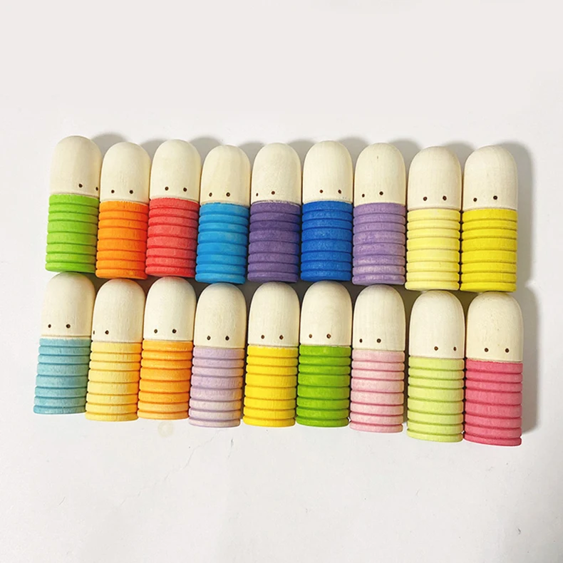 18pcs Threaded Villain 6.5cm Wooden Peg Dolls Kids Creative Toys Rainbow Blocks Loose Parts Unfinished People Educational Toy