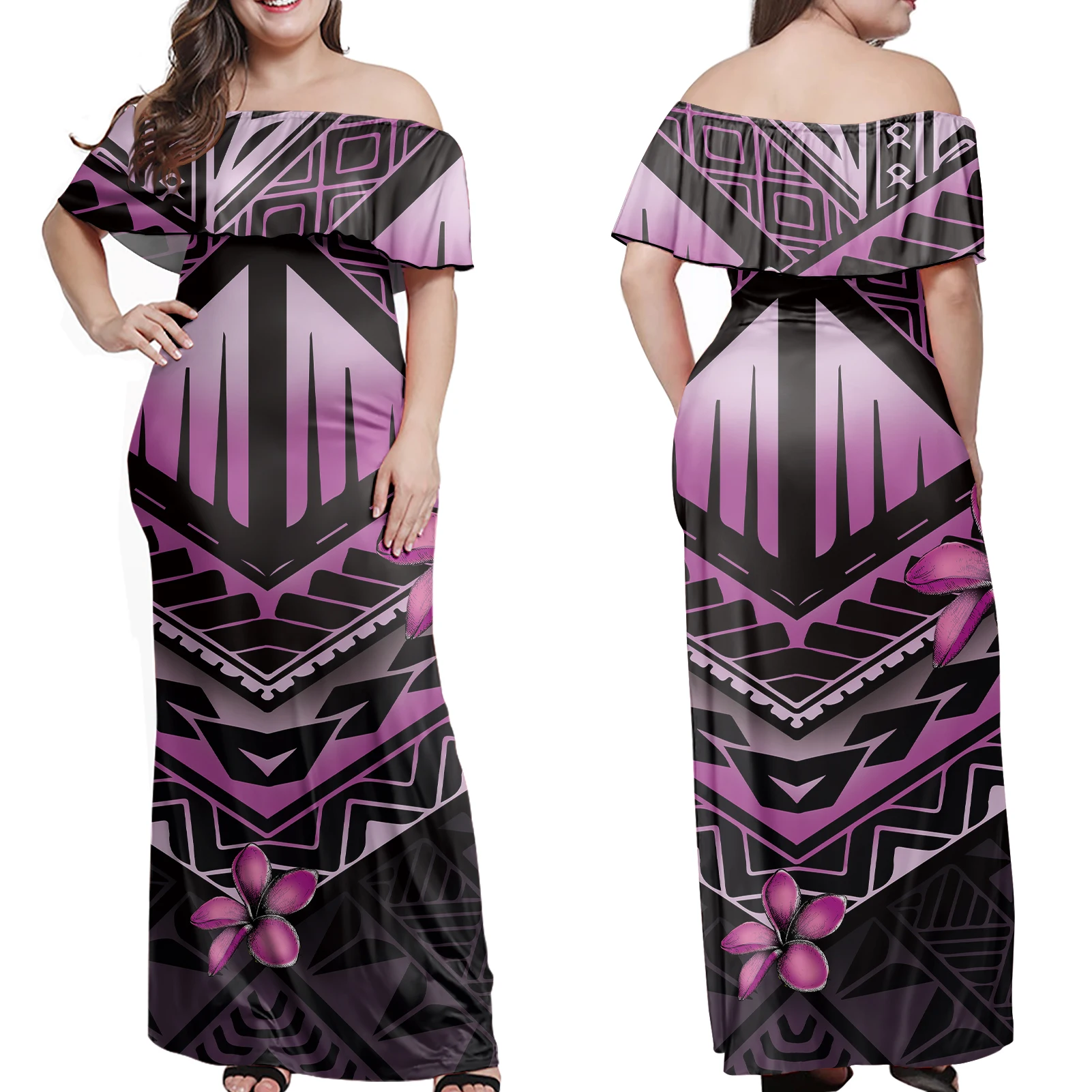 Wholesale Custom ladies dress Polynesian Tropical Tribal Printed Women Maxi Dresses Summer long sleeve dress