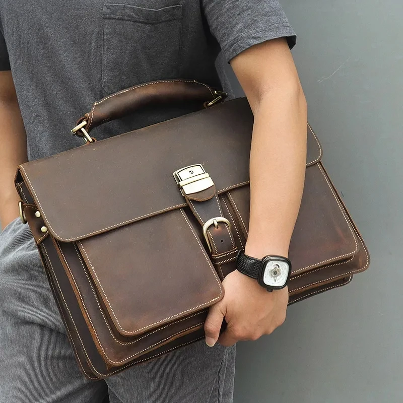 Vintage Cowhide Leather Travel Messenger Office Crossbody Bag Laptop Briefcase Computer College Satchel Bag For Men