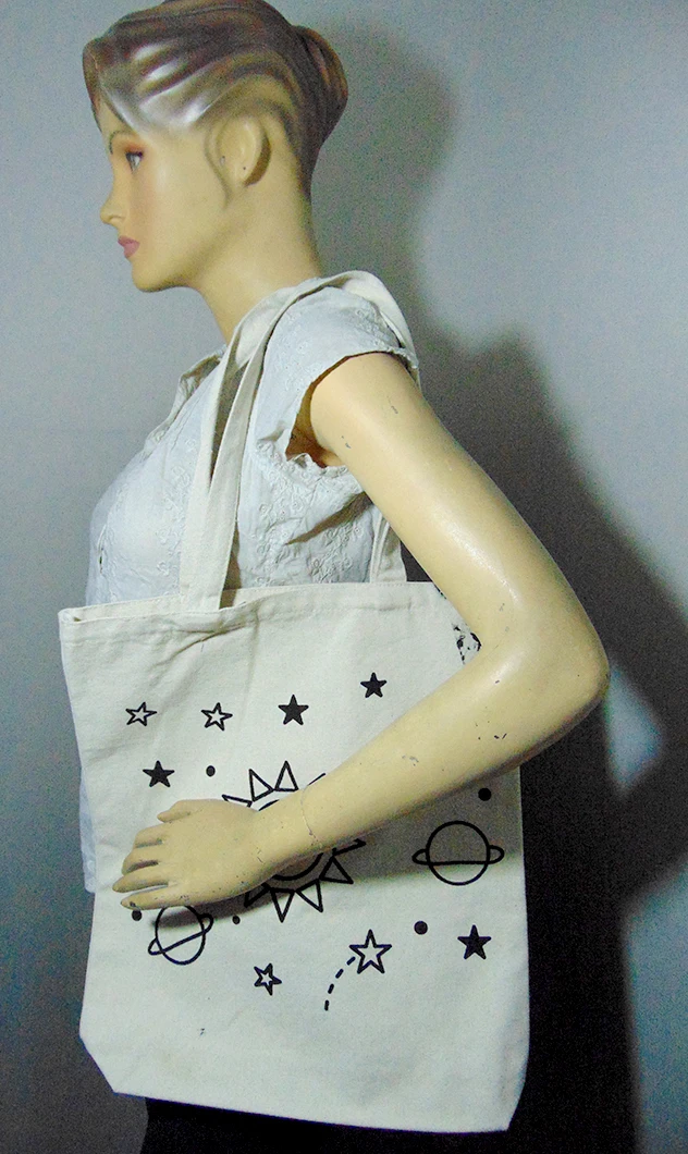 Star & Fish Print Canvas Shopping Bag Durable Biodegradable Lightweight Reusable Tote for Office Travel or School