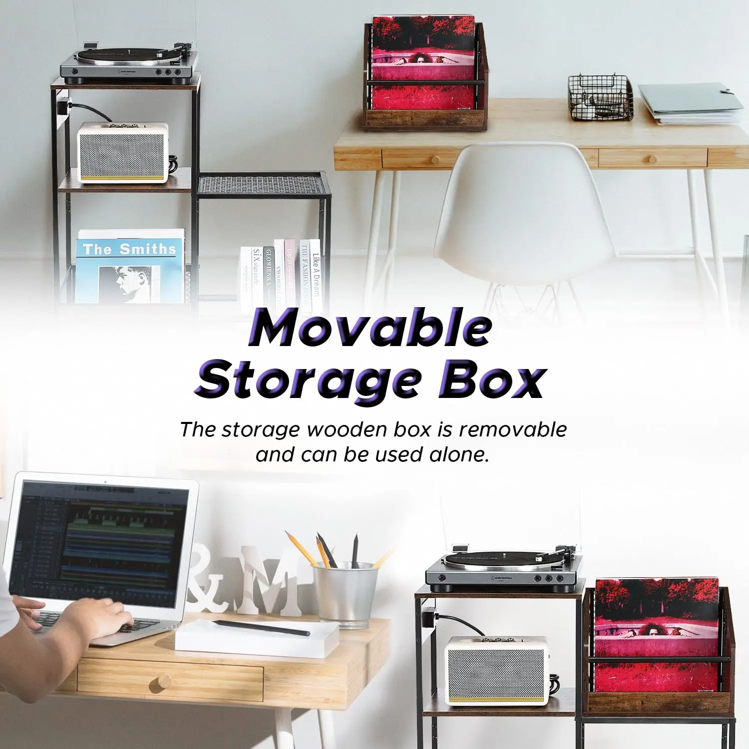 Record Player Stand with Vinyl Storage Shelf End Table with Charging Station Turntable Stand with Removable Record Holder