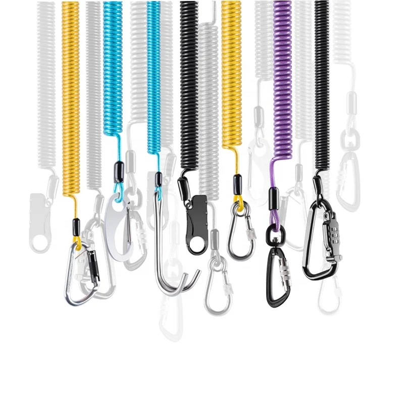 Wholesale Custom Fall Protection Coiled Tool Lanyard with Carabiner Clip Retractable Bungee Cord Scuba Lanyard with Loop & Lock