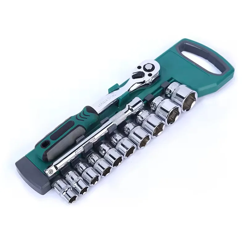 Factory Made 12PCS 3/8 straight handle ratchet socket wrench set blue belt hexagonal plum socket set