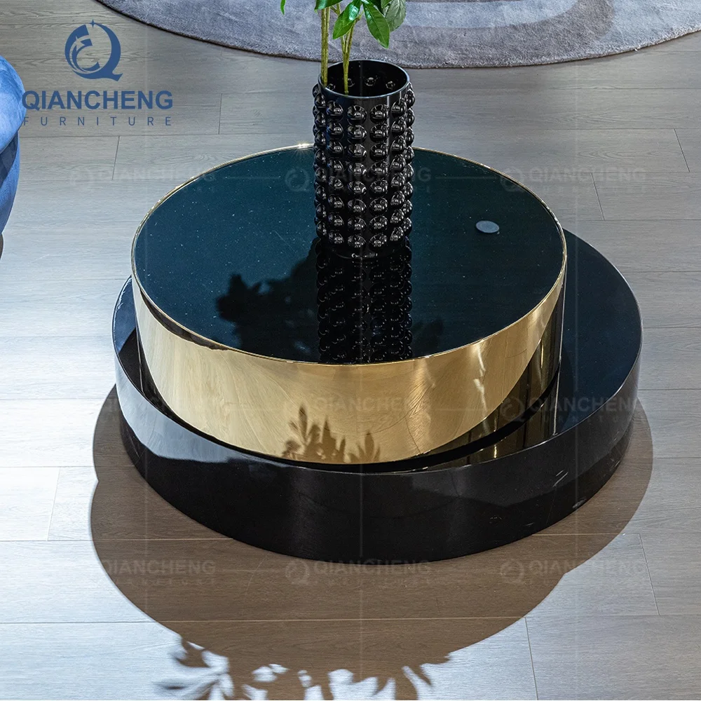 living room furniture black rotation coffee table modern design gold metal frame round coffee table