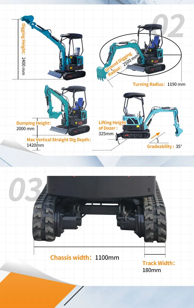 Home Use Towable Backhoe Kubota Engine Excavator Mini 1.7ton 2 Ton Mini Excavator Mower for Side Swing Function