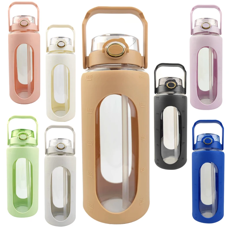 Wide Mouth big size Borosilicate Glass Water Bottle tumbler with Silicone Sleeve and Straw Water Jug Glass with handle lid