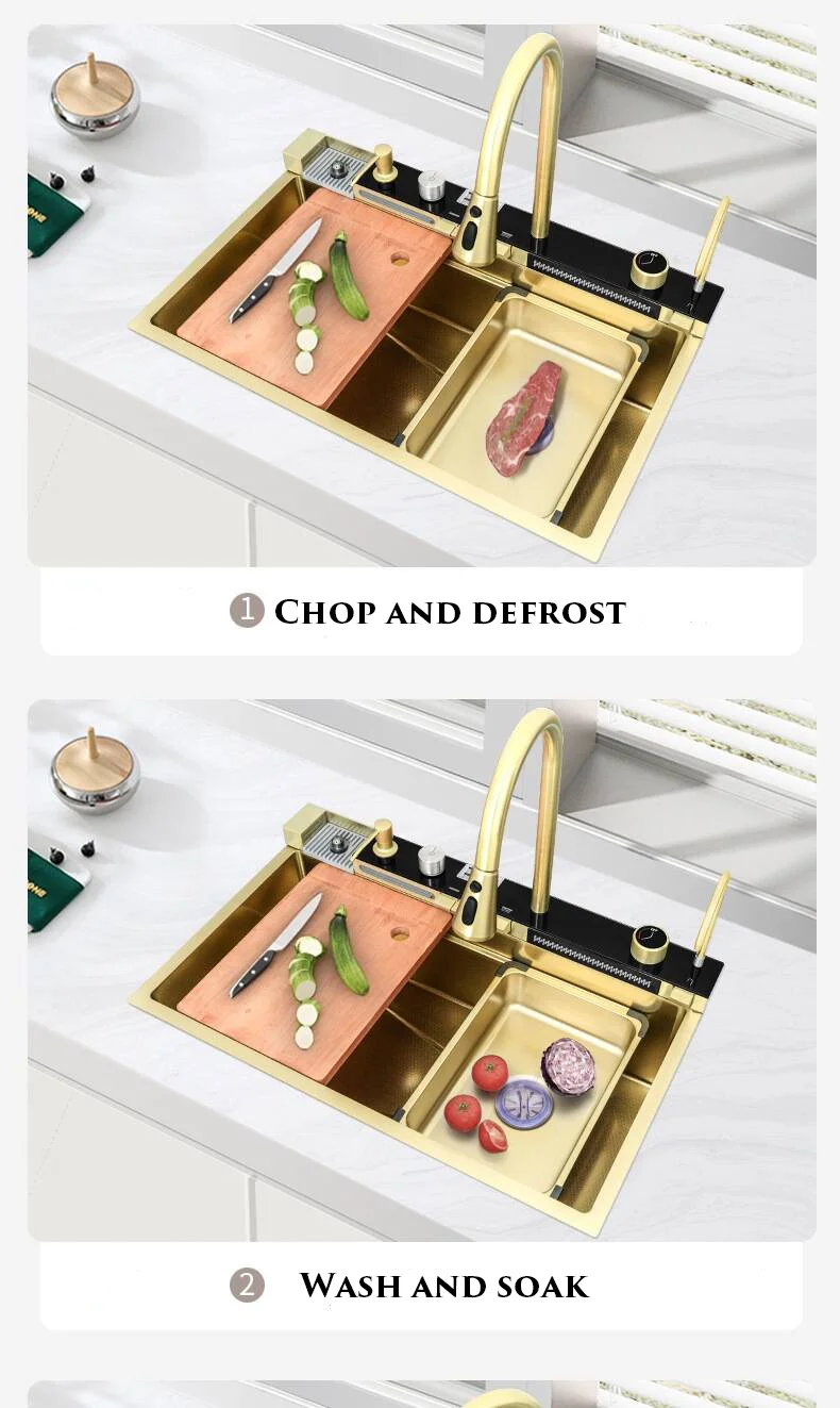 Luxury Gold Smart Kitchen Sink Nano Stainless Steel Hand Made Kitchen Sink Waterfall Kitchen Sink With Digital Display