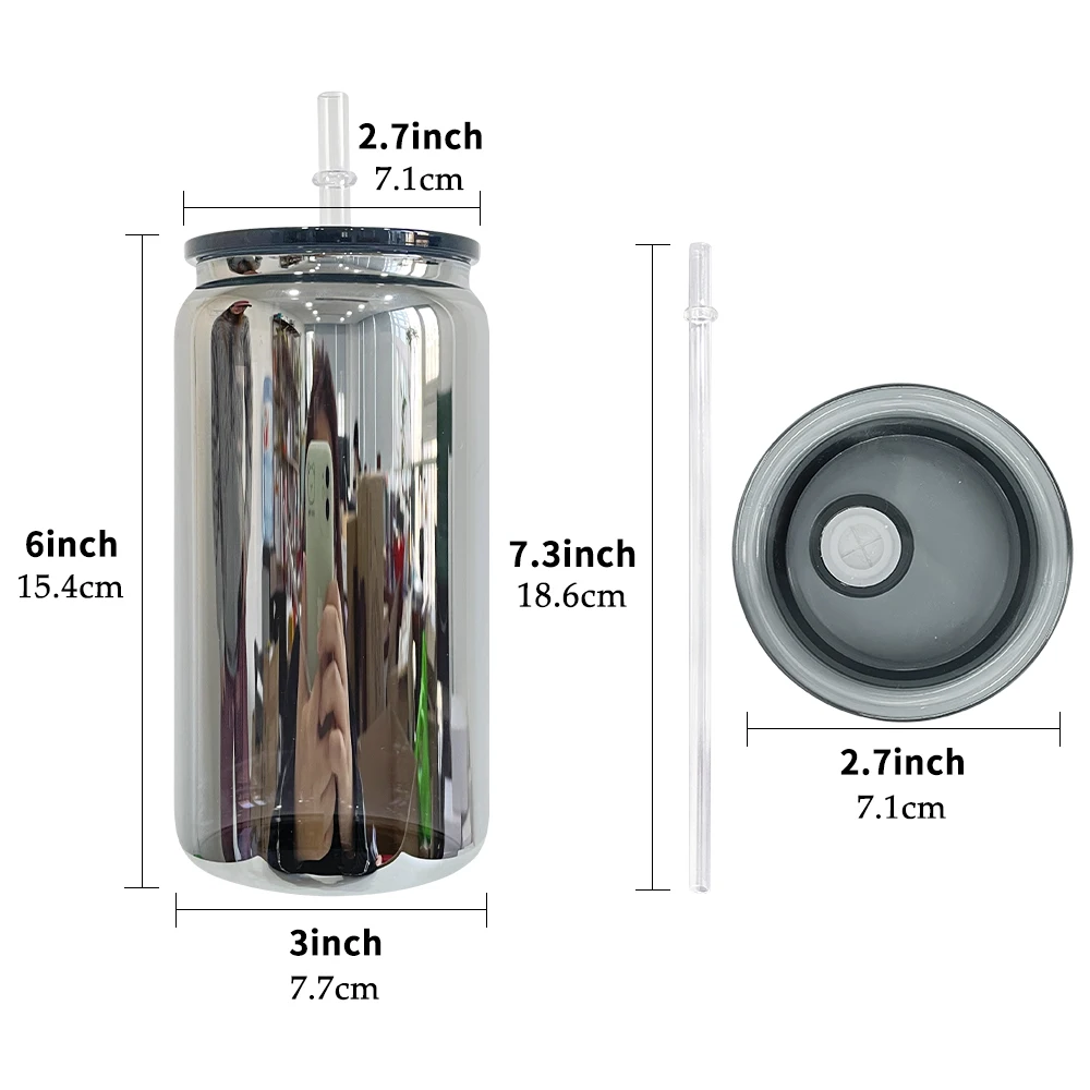 wholesale bulk 16oz metal mirror black plated drinking glass with colorful plastic lids borosilicate cold drink beer glasses