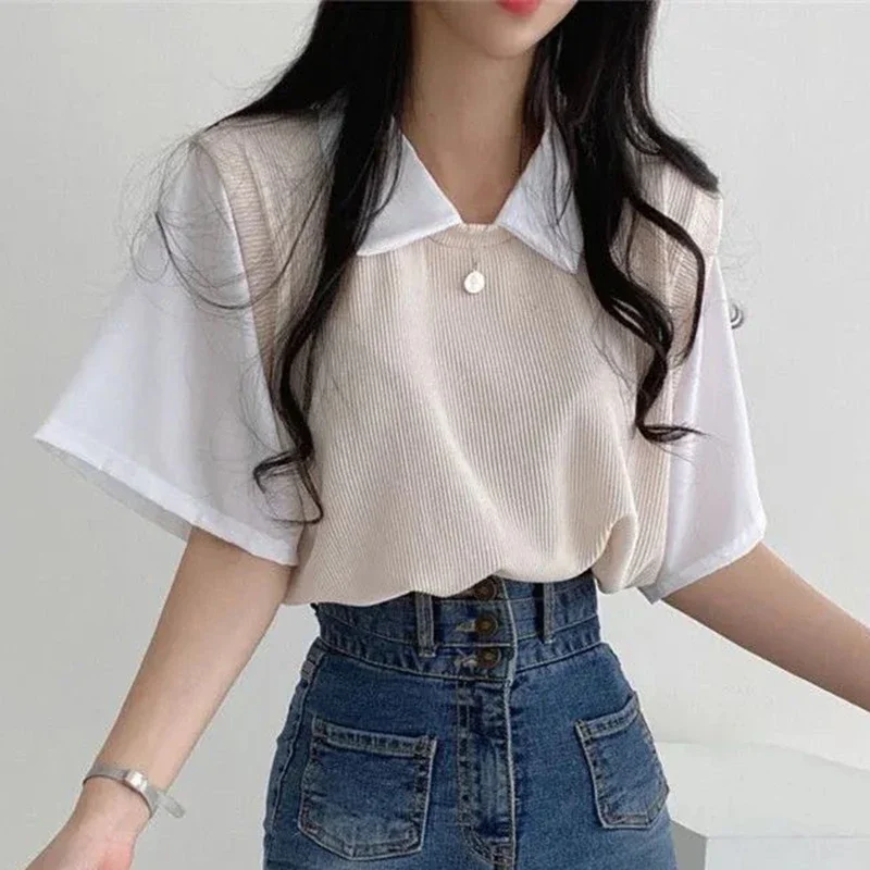 Summer Patchwork Two Piece T Shirt Women Fashion Chic Turn Down Collar Top Korean Casual Preppy Style Short Sleeve Blouse