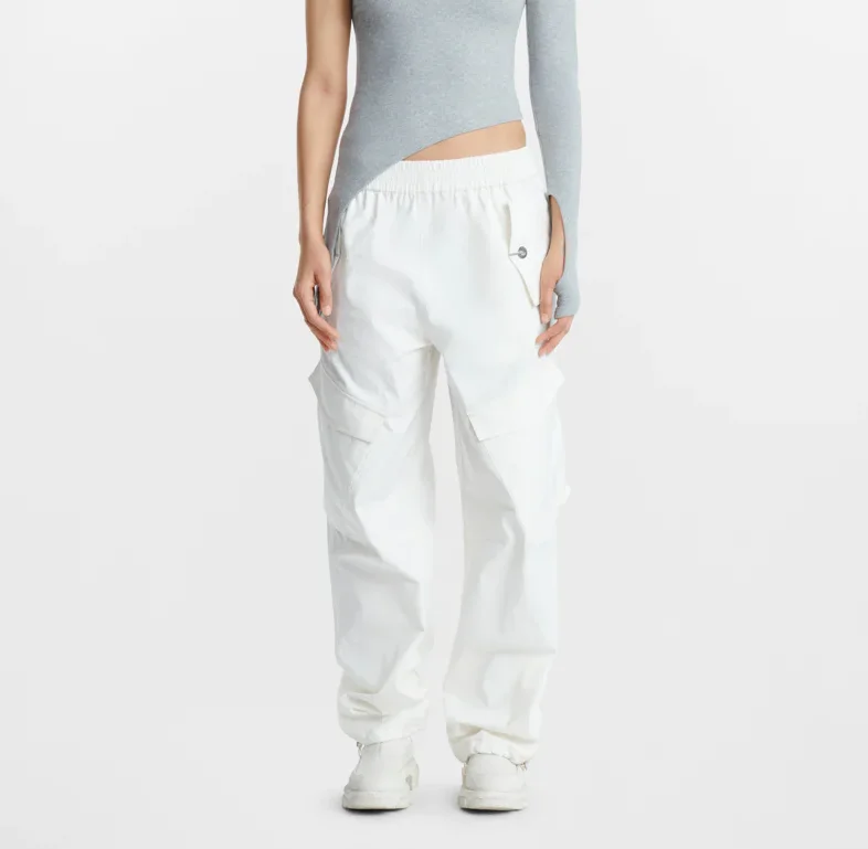 Four flap oversized pocket with elastic band white cargo loose causal pants