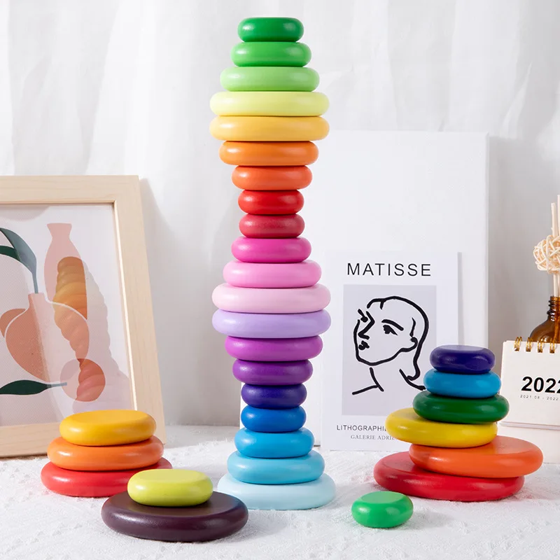 Kids Wooden Toys Rainbow River Pebbles Nature Flat Stone Dolls Rings Balls Building Blocks/Baby Stacking Blocks Motessori Toy