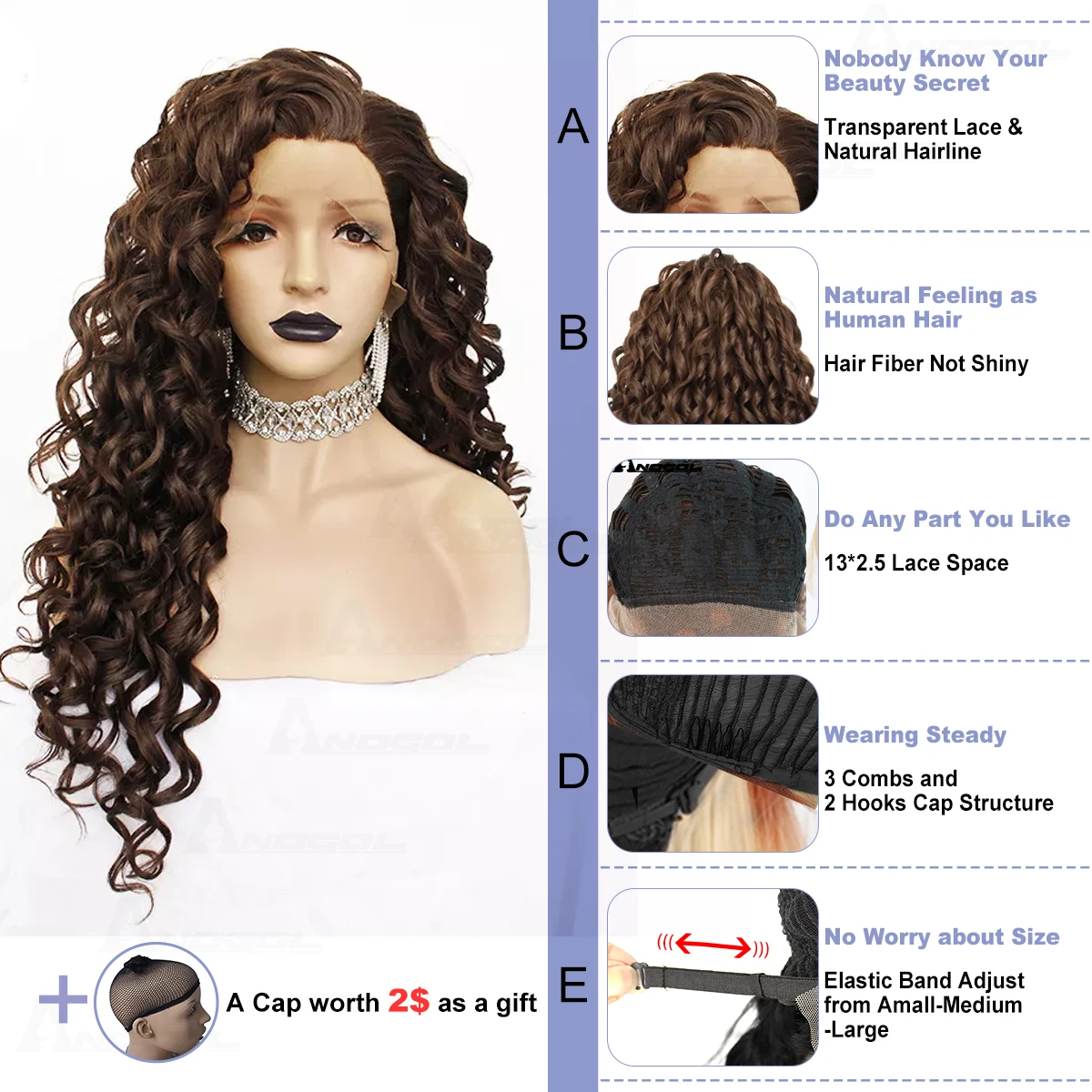 Anogol Synthetic Long Brown Afro Kinky Curly Wigs 13*2.5 Lace Front Wig 180% Density High Temperature Fiber Wigs for Women