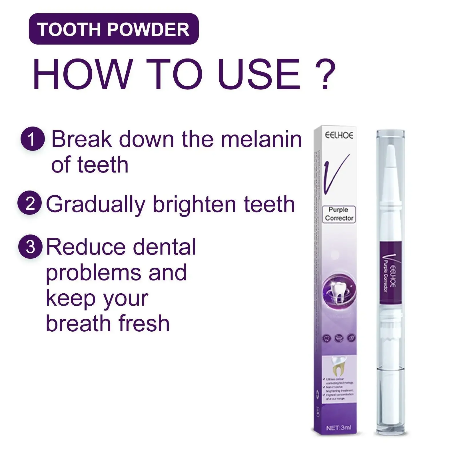 White Teeth cleaning removal of stains anti-pigmentation oral care veener tooth brush V34 Purple Toning Teeth Pencil