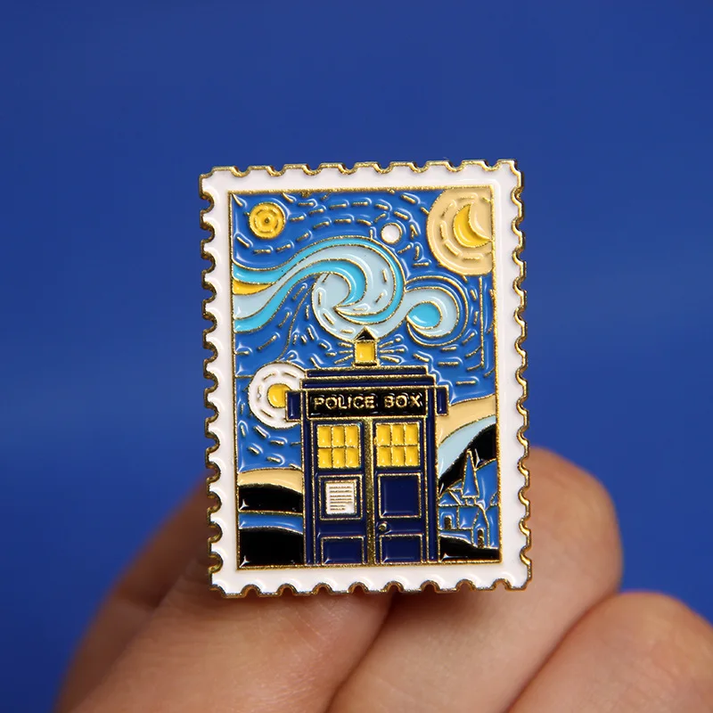 A time machine under the stars a Tardis stamp brooch a Van Gogh oil painting medallion