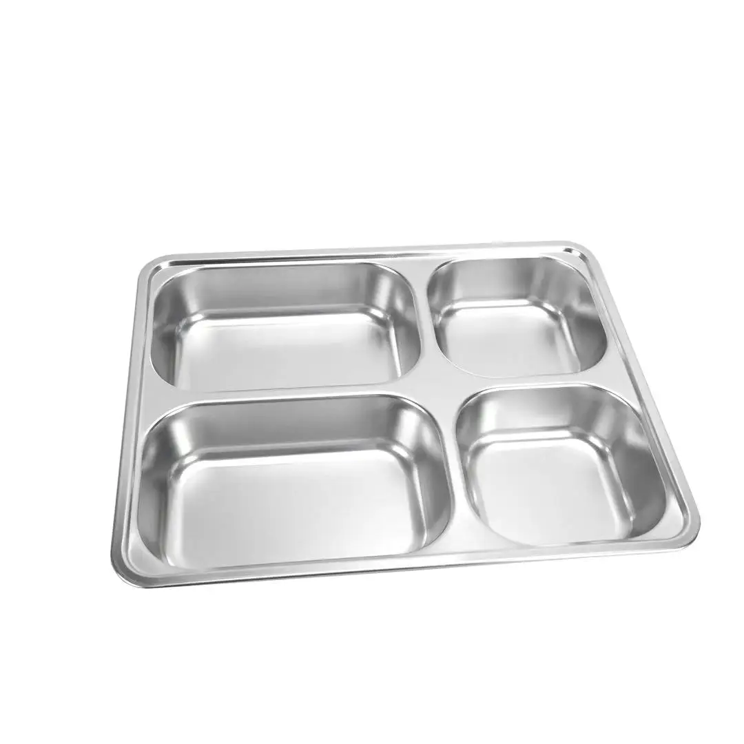 Hot sale serving dinner set metal stainless steel compartment plates 5 compartment food tray with PP lid