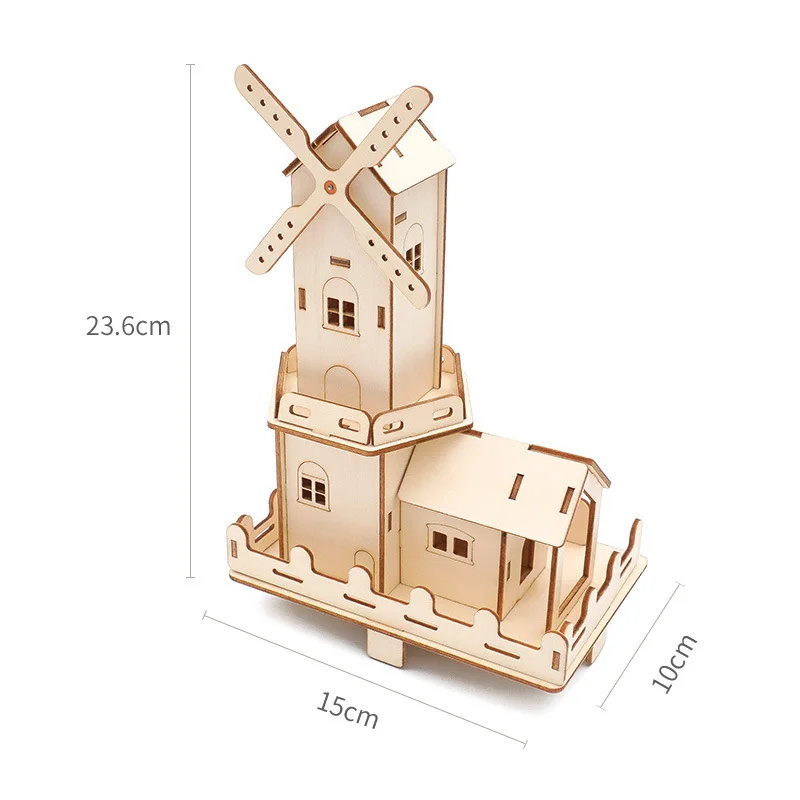 High Quality Glowing Dutch Windmill House 3D Wooden Puzzle Set Diy Wood Science Toys for Children Game.