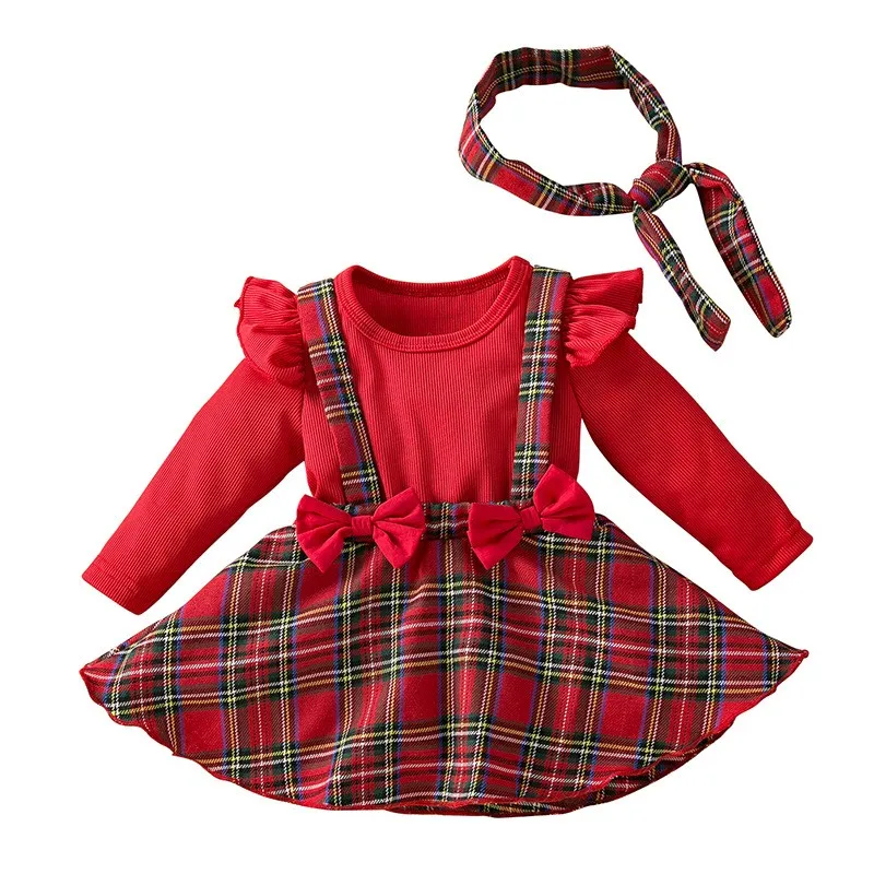 2024 Newborn Infant Girls Bodysuit Plaid Print Bow Jumpsuits Headband Xmas Outfits Christmas Clothes