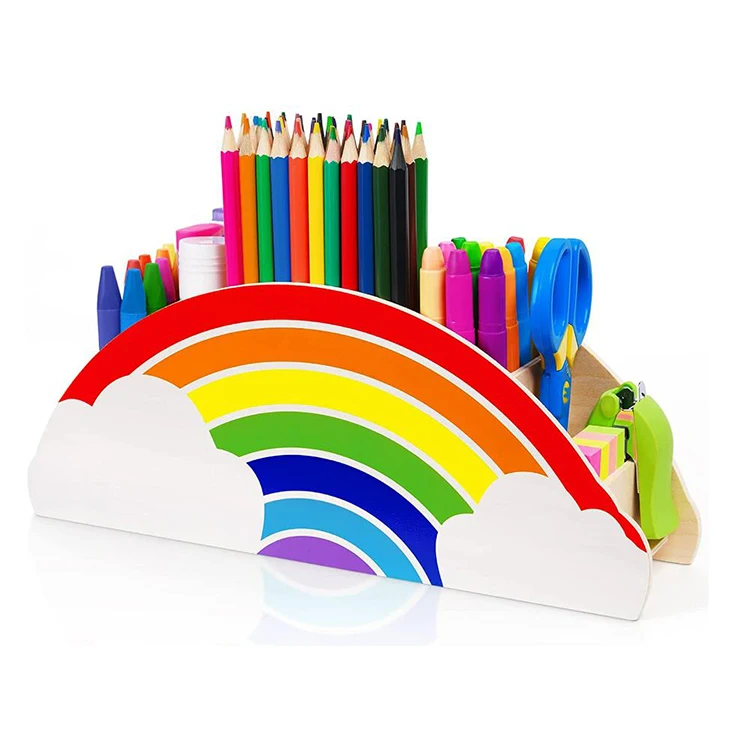 Wooden Pen Holder Pencil Box Rainbow Supply Caddy Phone Holder Desk Organizer for Office Makeup Brush Classroom Organization