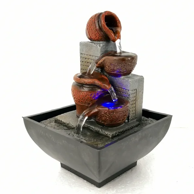 High Quality 4-Tier Barrel Shape Mini Desktop Water Fountain Natural River Resin Tabletop Fountain With Led light