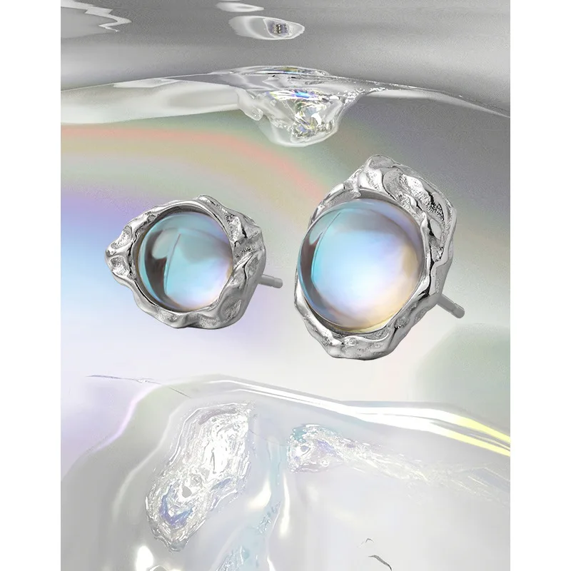 Wholesale S925 Sterling Silver Irregular texture new Chinese style light luxury moonstone earrings for jewelry makings