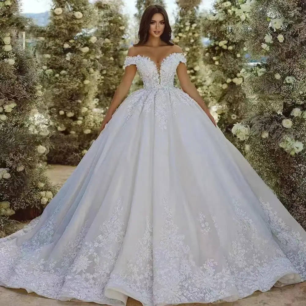4113# Luxury Wedding Dress Bridal Gown For Women Tail Off Shoulder Slim Illusion Outdoor White Wedding Dress For Bride