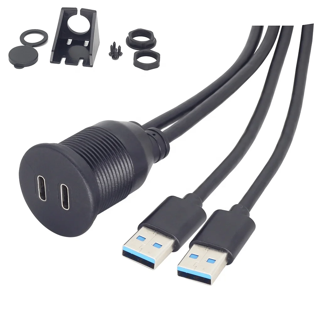 1m 2m Flush mount Dual USB 3.0 to USB C Female Car Dash Panel mount USB Ports Extension cable for Car Radio Accessories