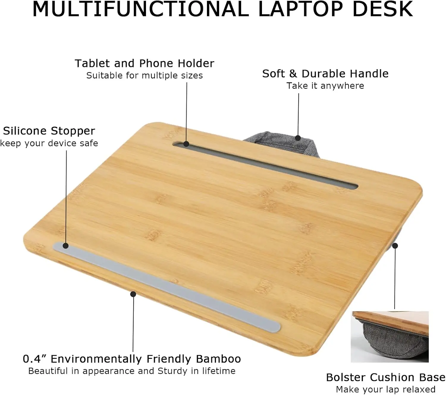 Combohome High Quality Portable Bamboo Lap Desk Laptop Stand Tabletop Tray With Pillow Wrist Rest Phone Stand Mouse Pad