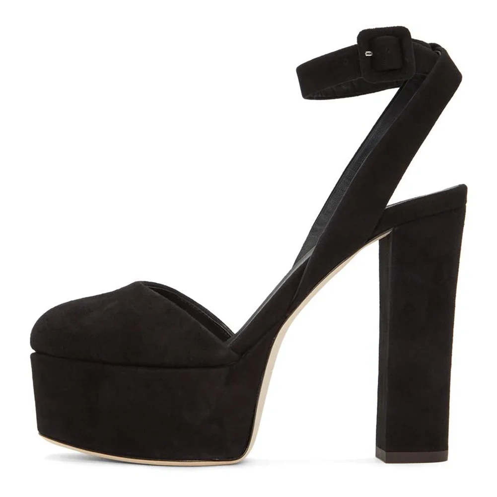 Women Black Faux Suede Round Toe Chunky Heel Slingbacks Platform High Heel Pumps Evening Dress Heels Ladies Summer Shoes