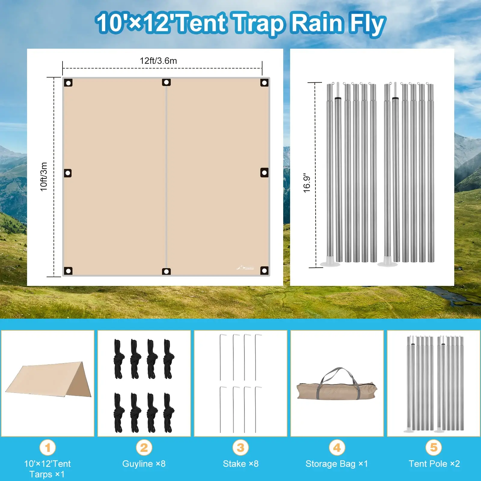 3*4m Camping Tarp Fly Waterproof and Ultralight Survival Tent Tarp for Outdoors