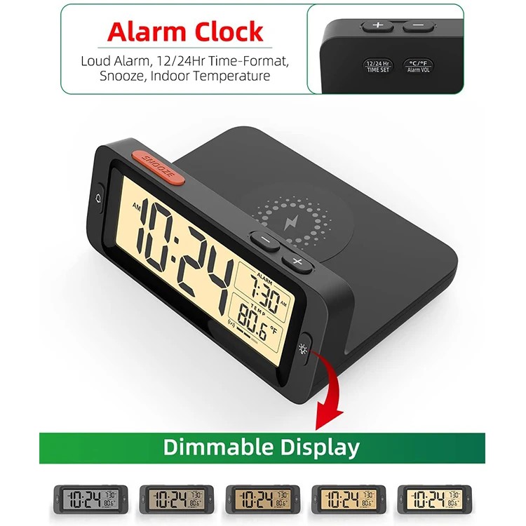 Fullwill Digital Alarm Clock Rohs with Wireless Charging Led Alarm Digit Clock Dimmable Display