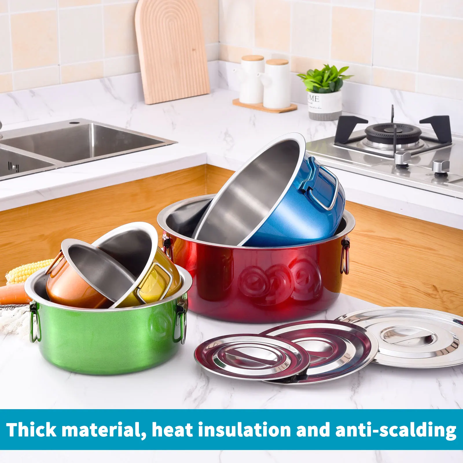 Premium Non Stick Cookware Pots 410 Stainless Steel 5 Piece Paint Polishing Cooking Pot Set With Handle