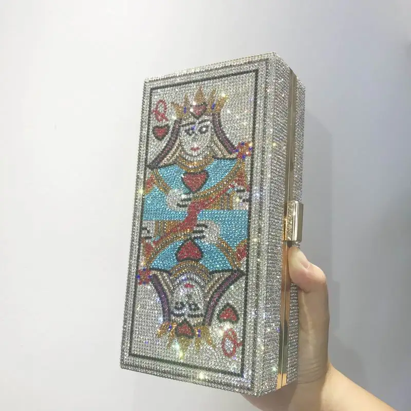 
New Trendy Luxury Rhinestone Diamond Queen Playing Card Crossbody Woman Handbag Bag Poker Mermaid Shape Clutch Evening Bag 