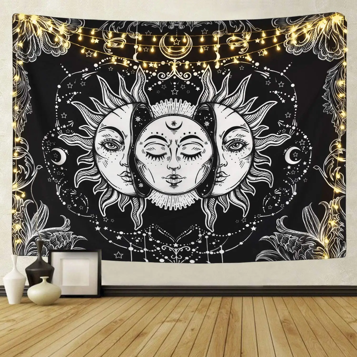Custom New Boho Black Moon Sun Star Pattern Print Home Decor Background Fabric Blanket Hanging Tapestry For The Living Room Wall