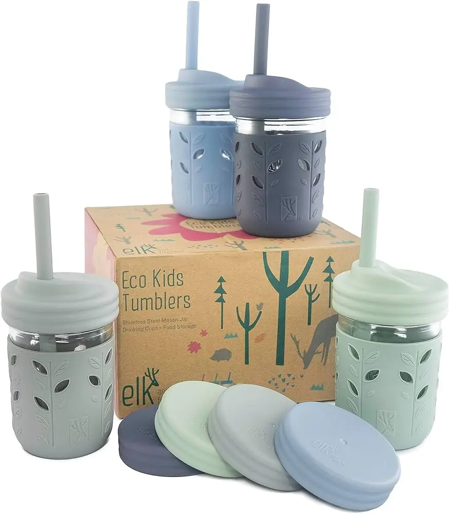 The Original Glass Mason jars 8 oz with Silicone Straws with Stoppers for Toddlers