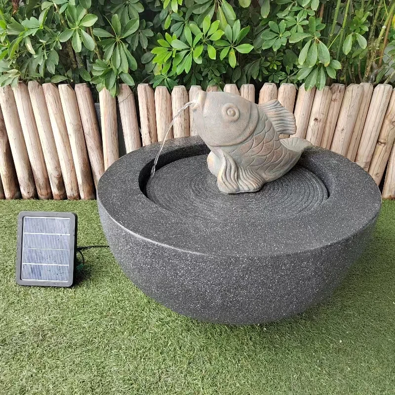 Fish Statue Fiber Stone Solar Water Fountain with Led Light for Outdoor Garden Decoration