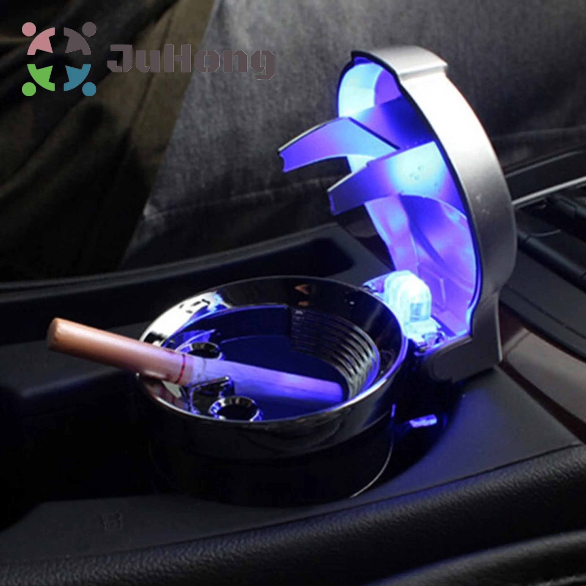 Fire Resistant LED Ashtray Black / Silver Large Capacity Place in Car Cup Holder Metal Cup Portable Ashtray