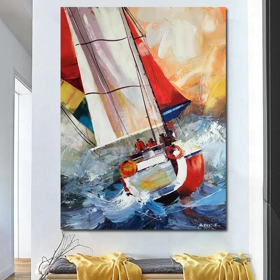 Contemporary seascape artwork hand painted abstract sailboat sea pictures oil paintings on canvas for wall art decor