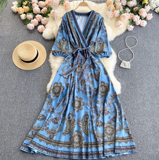 European and American INS new print long holiday skirt V neck tie waist dress women