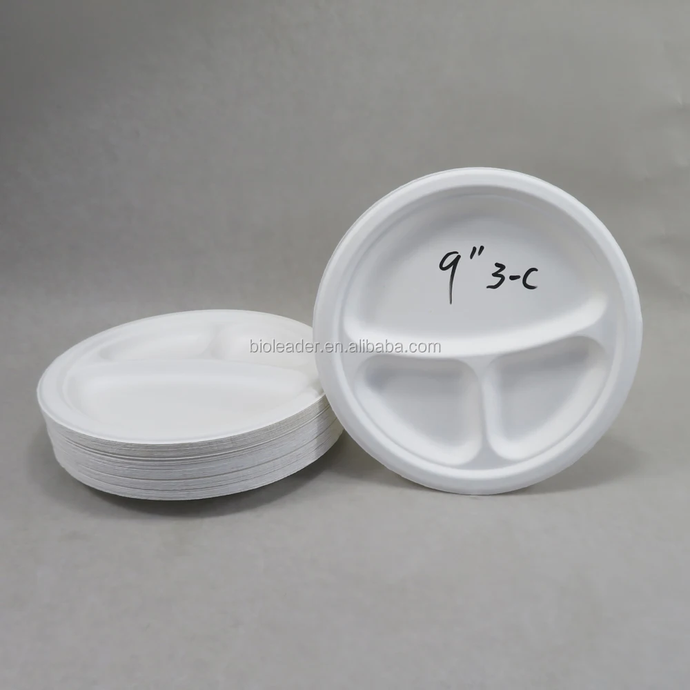 Disposable 3 Compartment Bagasse Dishes Plate Fish Dish Round Food Paper Natural Plant Pattern Not Support On-glazed 50000pcs