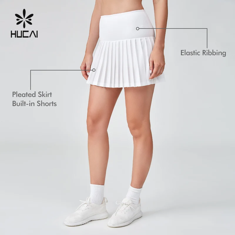 HUCAI OEM custom polyester spandex white high waist A-line sports pleat tennis golf skirt with inner shorts