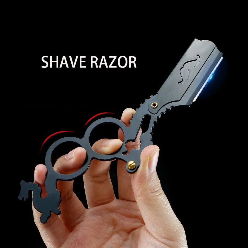 New Professional Finger Straight Edge Razor Beard Stainless Steel Shaping Tool Double Ring Barber Razor for Men With Custom Logo