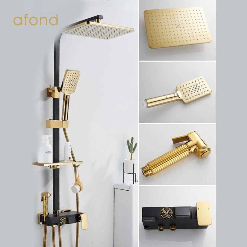 Черно-золотой душевой набор, домашний душевой набор с постоянной температурой, настенный домашний медный душевой набор