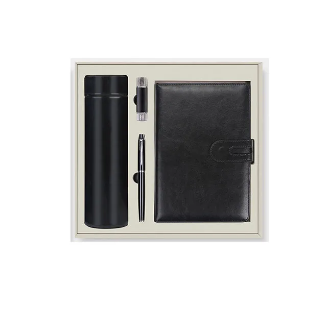 2020 Custom promotional 4 in 1 new year luxury pu leather notebook business gift set with thermos cup