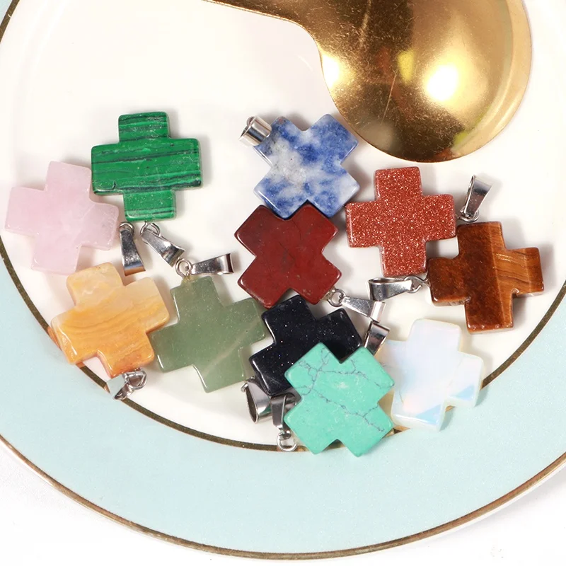 Fashion Natural Stone Crystal Healing Cross Pendant Necklace Jewelry Gemstone Cross Pendants For Jewelry Making