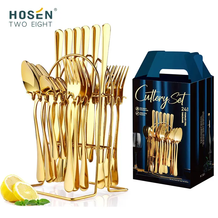 Amazon Best Selling Stainless Steel Knife Fork Spoon Set 24pcs Gold Silver Flatware Modern Luxury Cutlery Set With Stand
